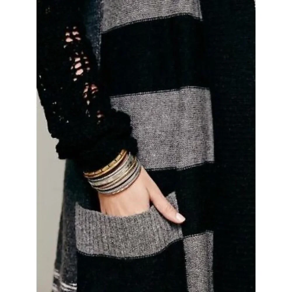 Free People Black Gray Striped Floral Knit Long Cardigan S | Boho Grunge Fairy - Picture 13 of 16